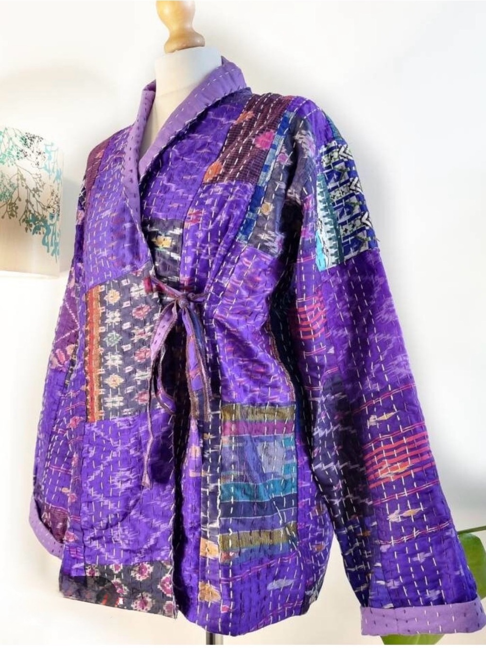 Handmade Patchwork Kantha Jacket in Vibrant Purple, Size Medium Large